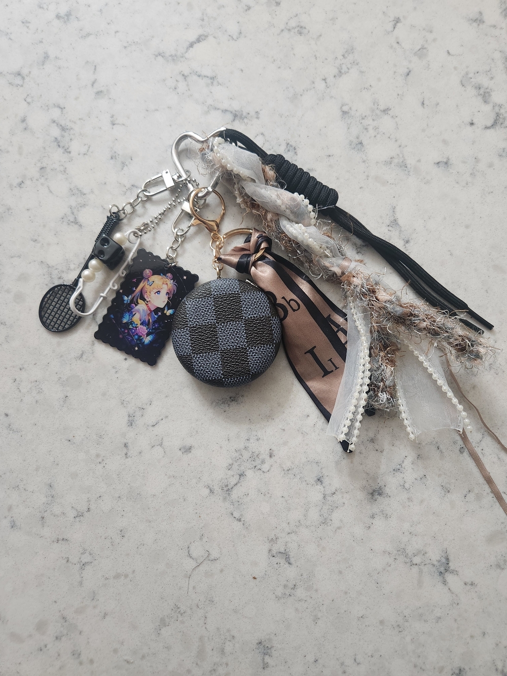 Black & Gray Checker Round Mirror Keychain Charm with Ribbon Tassels